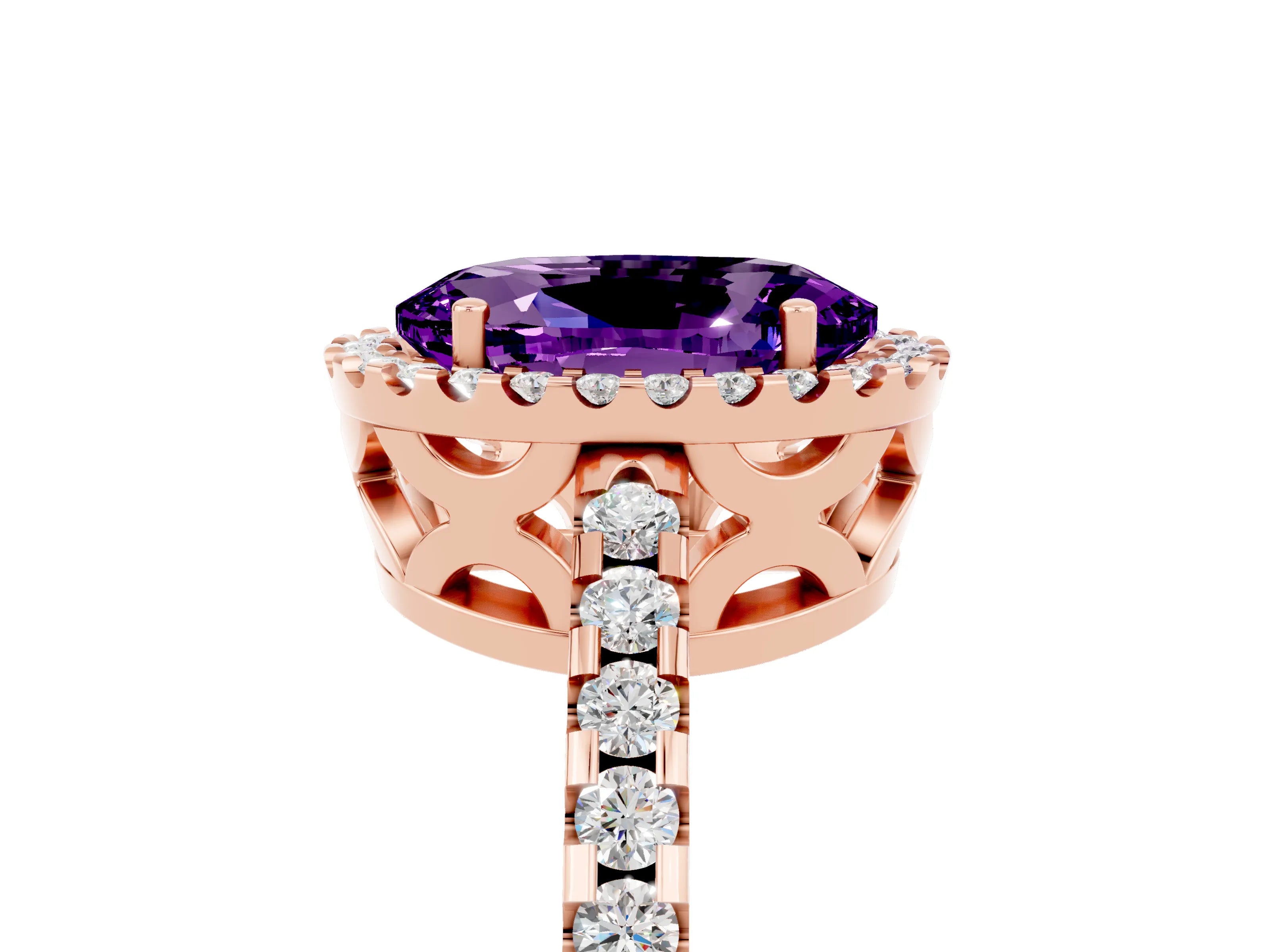 Rose gold Oval Cut Amethyst Halo Engagement Ring with Pavé Band and Prong Setting_17