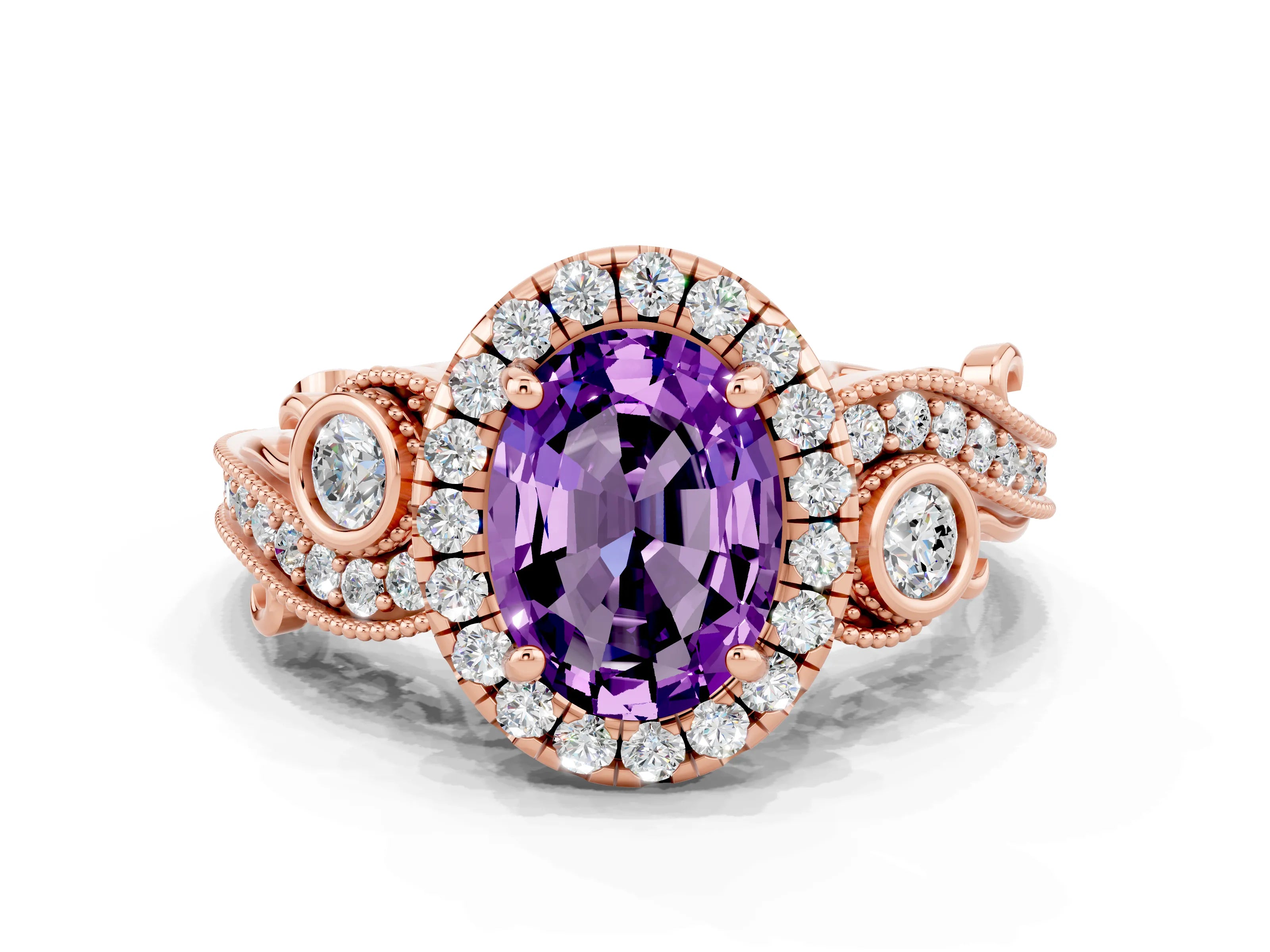 Rose gold Oval Cut Amethyst Halo Ring with Milgrain Pavé Band and Four-Prong Setting_24
