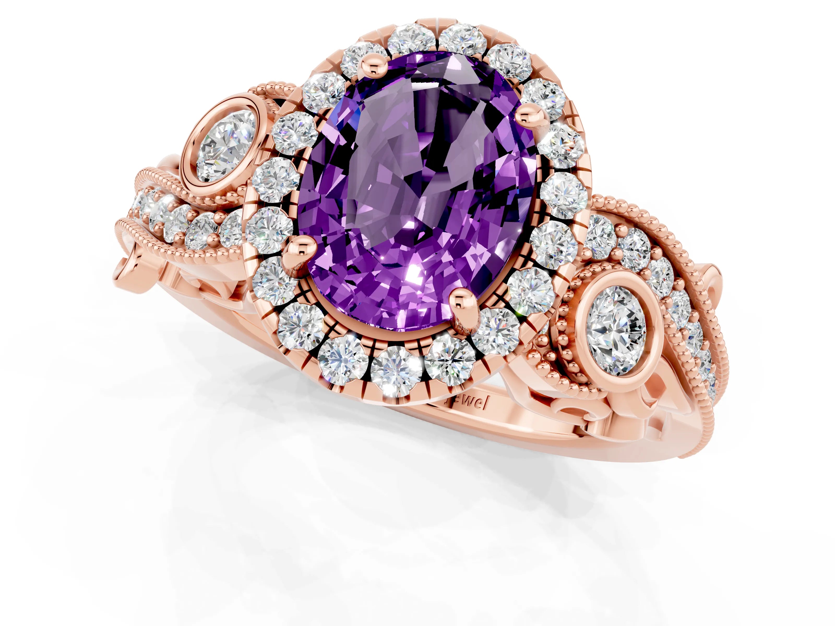 Rose gold Oval Cut Amethyst Halo Ring with Milgrain Pavé Band and Four-Prong Setting_25