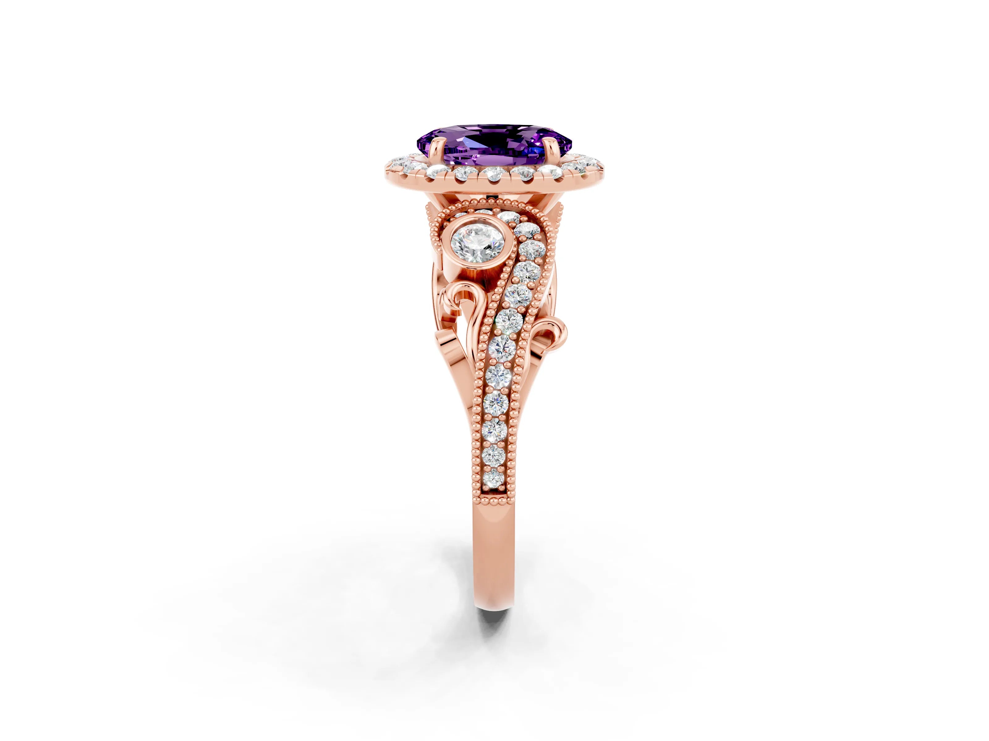 Rose gold Oval Cut Amethyst Halo Ring with Milgrain Pavé Band and Four-Prong Setting_26