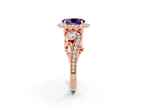 Rose gold Oval Cut Amethyst Halo Ring with Milgrain Pavé Band and Four-Prong Setting_26