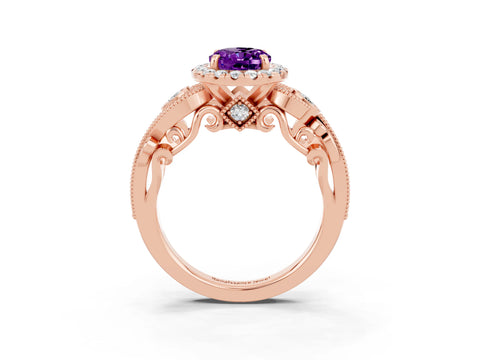 Rose gold Oval Cut Amethyst Halo Ring with Milgrain Pavé Band and Four-Prong Setting_27