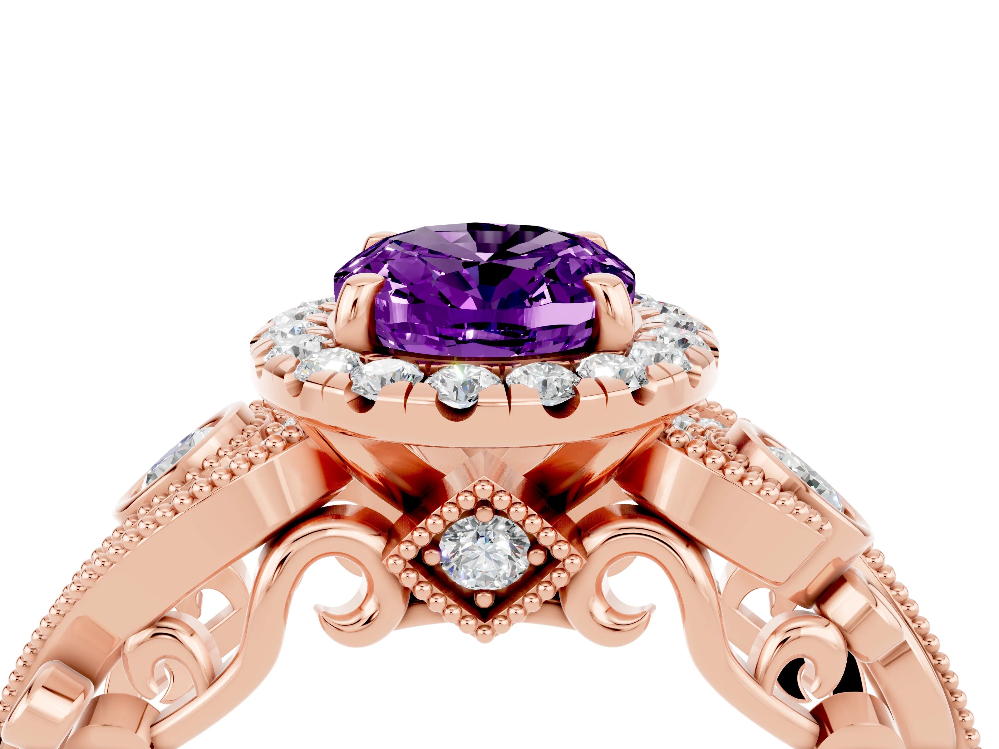 Rose gold Oval Cut Amethyst Halo Ring with Milgrain Pavé Band and Four-Prong Setting_28