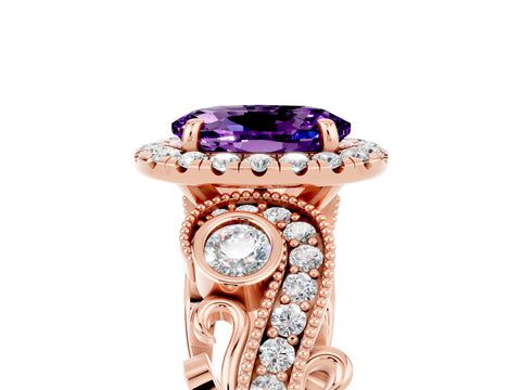 Rose gold Oval Cut Amethyst Halo Ring with Milgrain Pavé Band and Four-Prong Setting_29