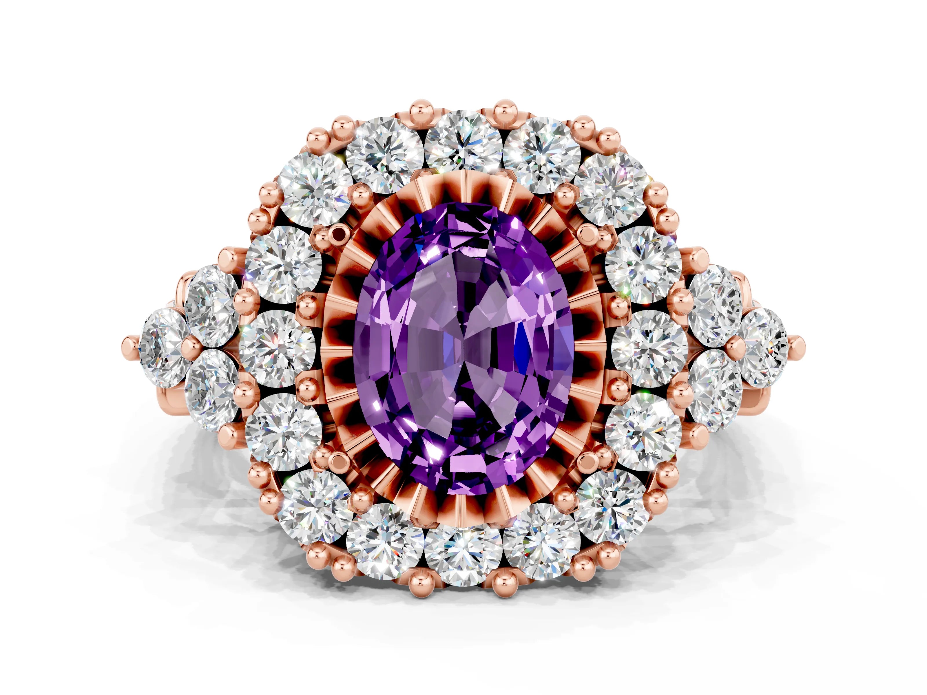 Rose gold Oval Cut Amethyst Halo Ring with Pavé Band and Four-Prong Setting_36