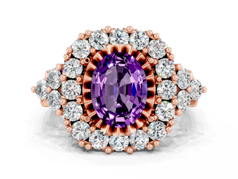 Rose gold Oval Cut Amethyst Halo Ring with Pavé Band and Four-Prong Setting_36