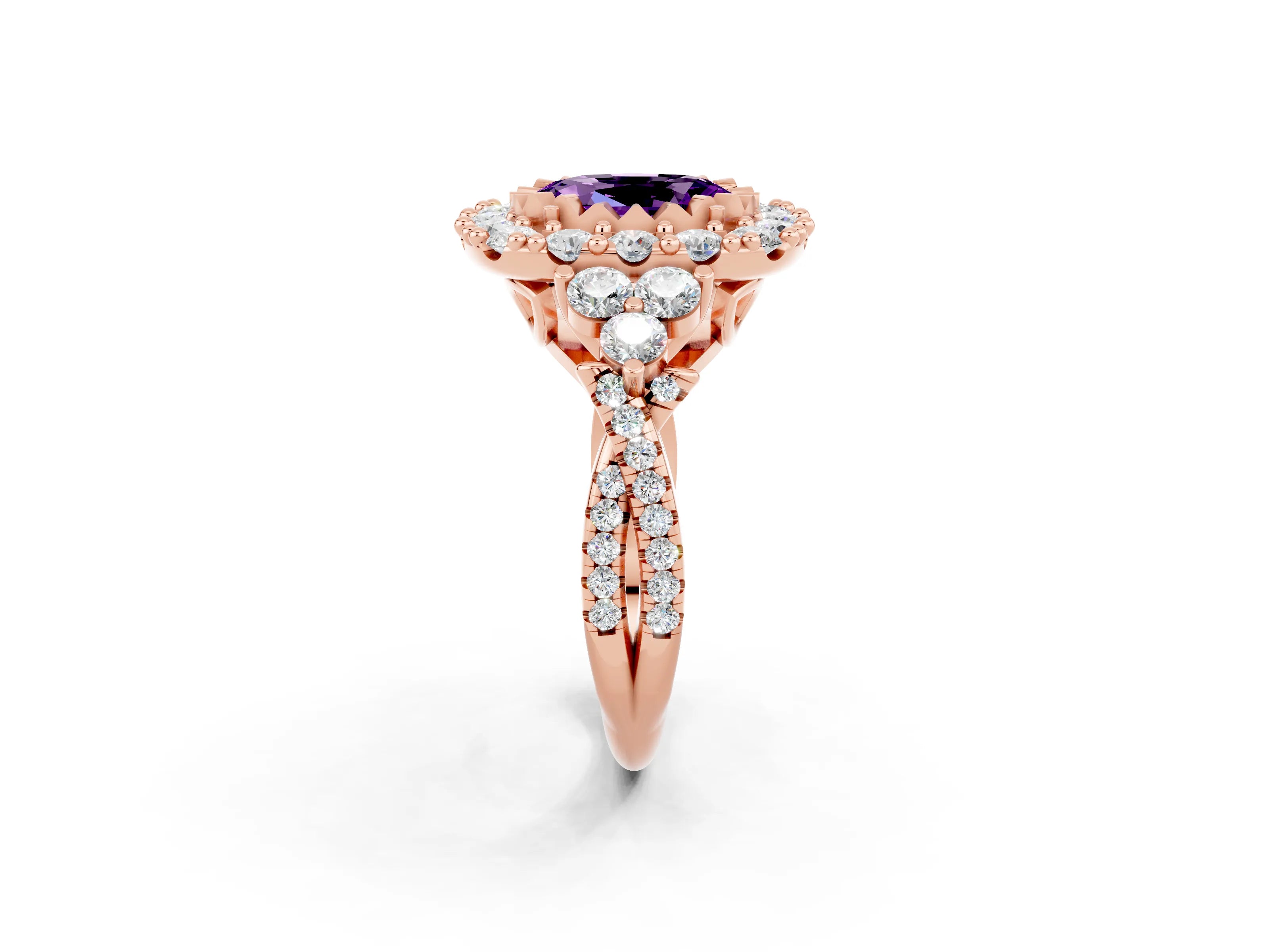 Rose gold Oval Cut Amethyst Halo Ring with Pavé Band and Four-Prong Setting_38