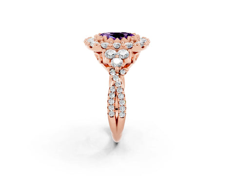 Rose gold Oval Cut Amethyst Halo Ring with Pavé Band and Four-Prong Setting_38