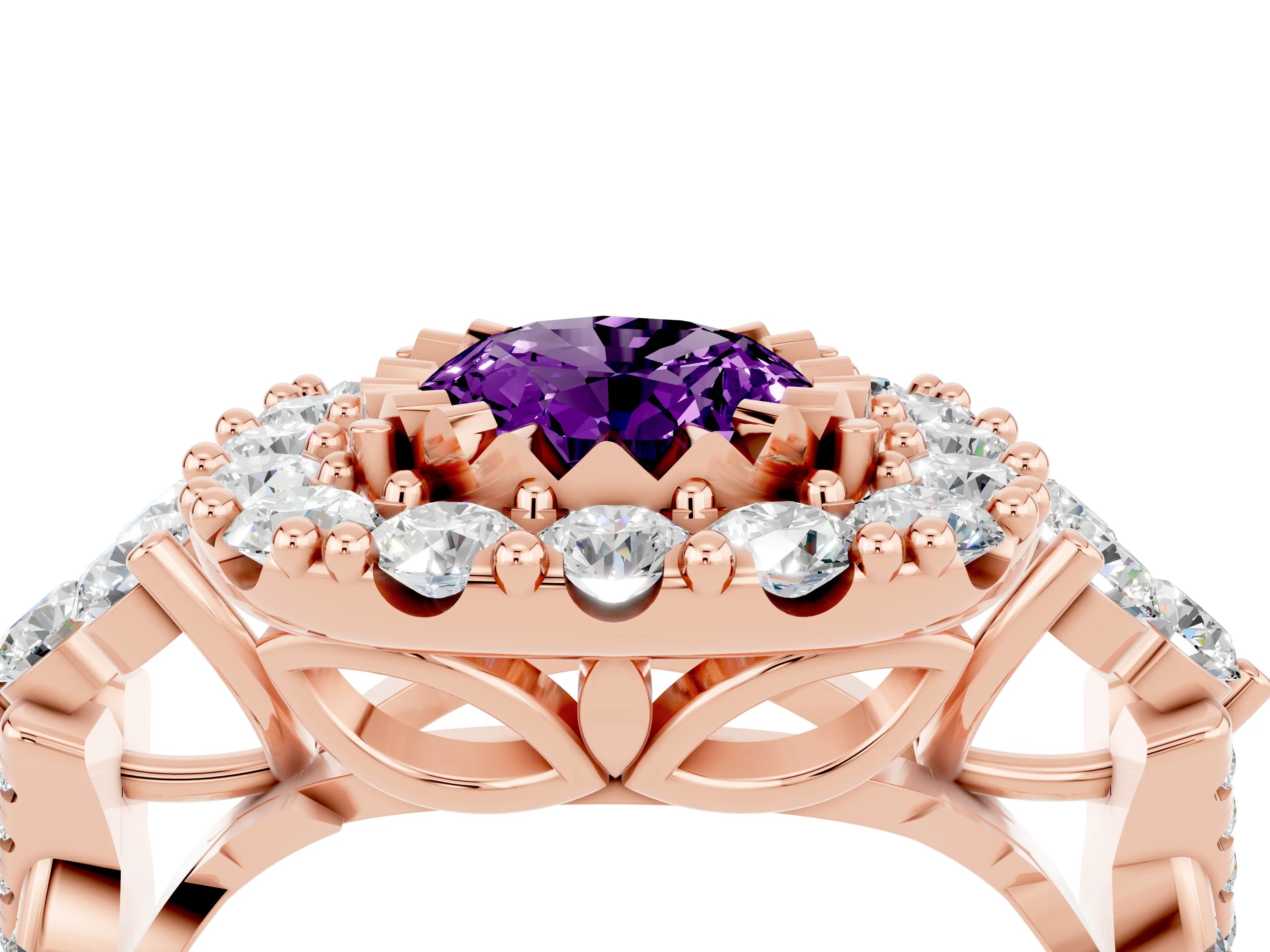 Rose gold Oval Cut Amethyst Halo Ring with Pavé Band and Four-Prong Setting_40