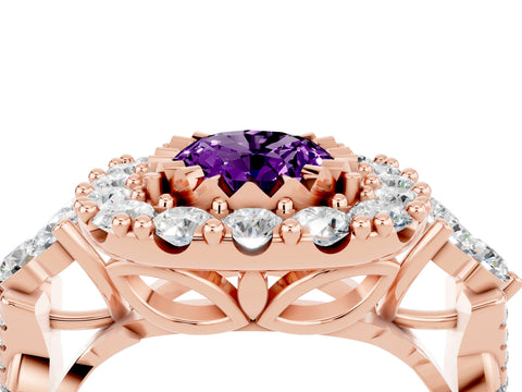 Rose gold Oval Cut Amethyst Halo Ring with Pavé Band and Four-Prong Setting_40