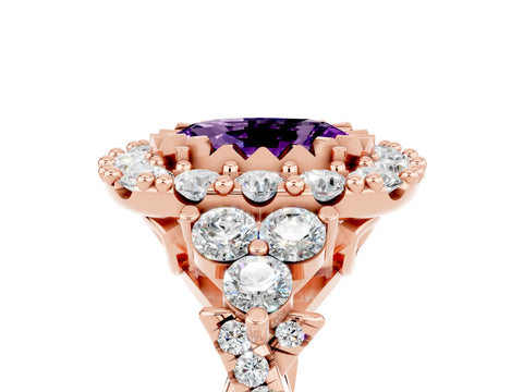 Rose gold Oval Cut Amethyst Halo Ring with Pavé Band and Four-Prong Setting_41