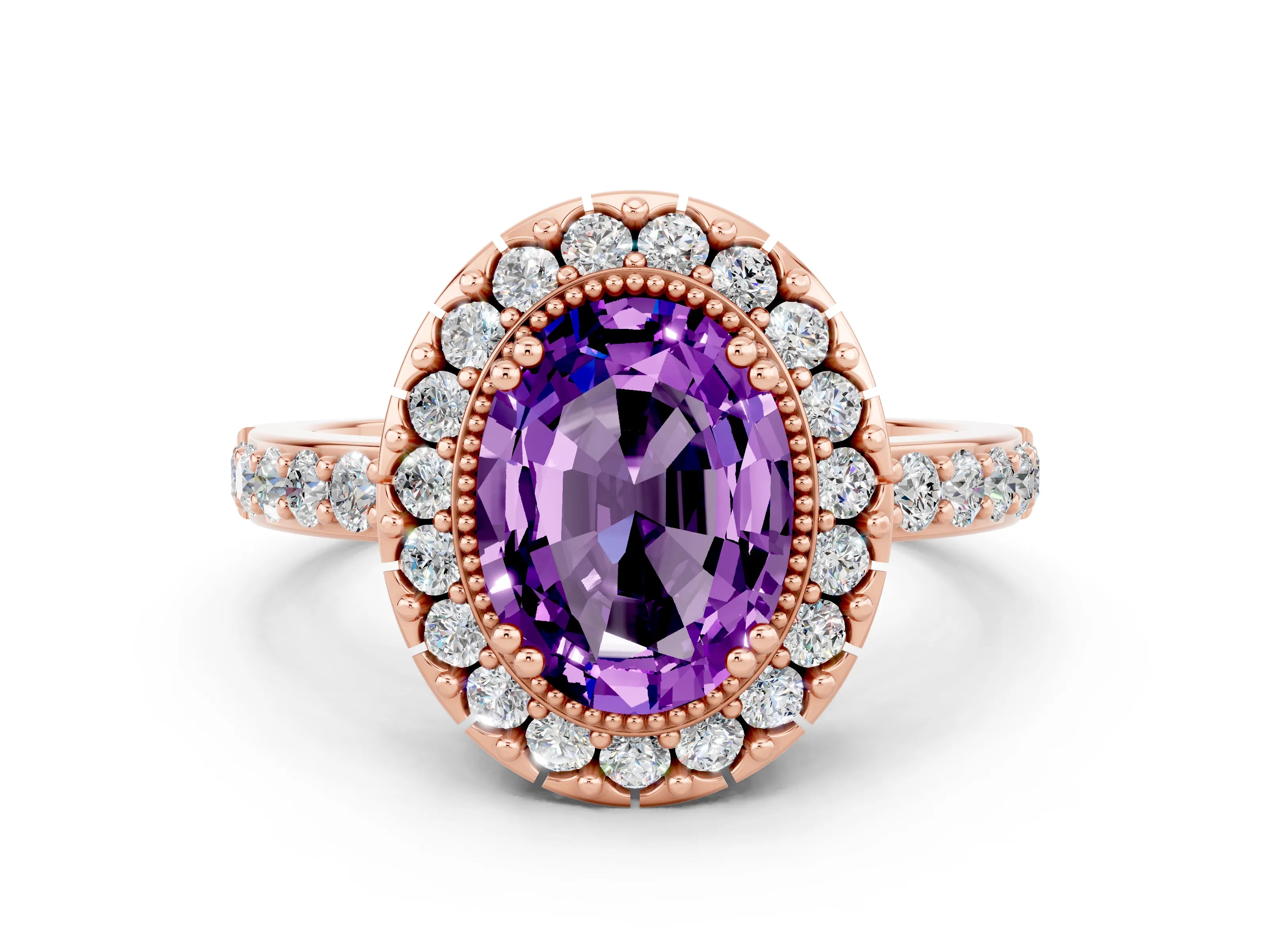 Rose gold Oval Cut Amethyst Halo Ring with Pavé Band and Prong Setting
