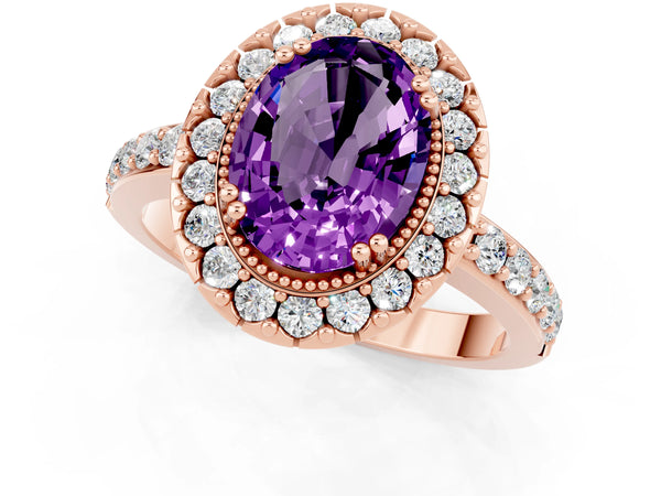 Rose gold Oval Cut Amethyst Halo Ring with Pavé Band and Prong Setting