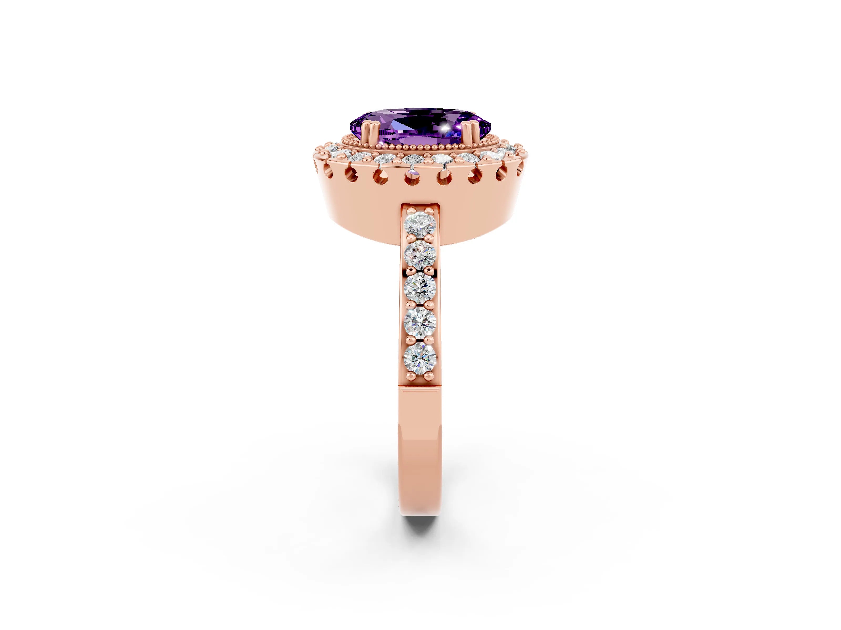 Rose gold Oval Cut Amethyst Halo Ring with Pavé Band and Prong Setting_2