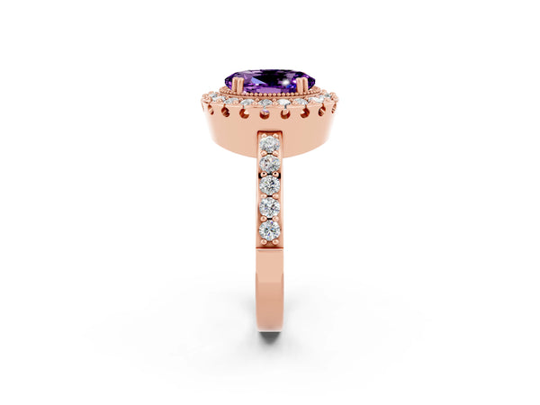 Rose gold Oval Cut Amethyst Halo Ring with Pavé Band and Prong Setting