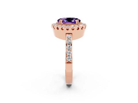 Rose gold Oval Cut Amethyst Halo Ring with Pavé Band and Prong Setting_2
