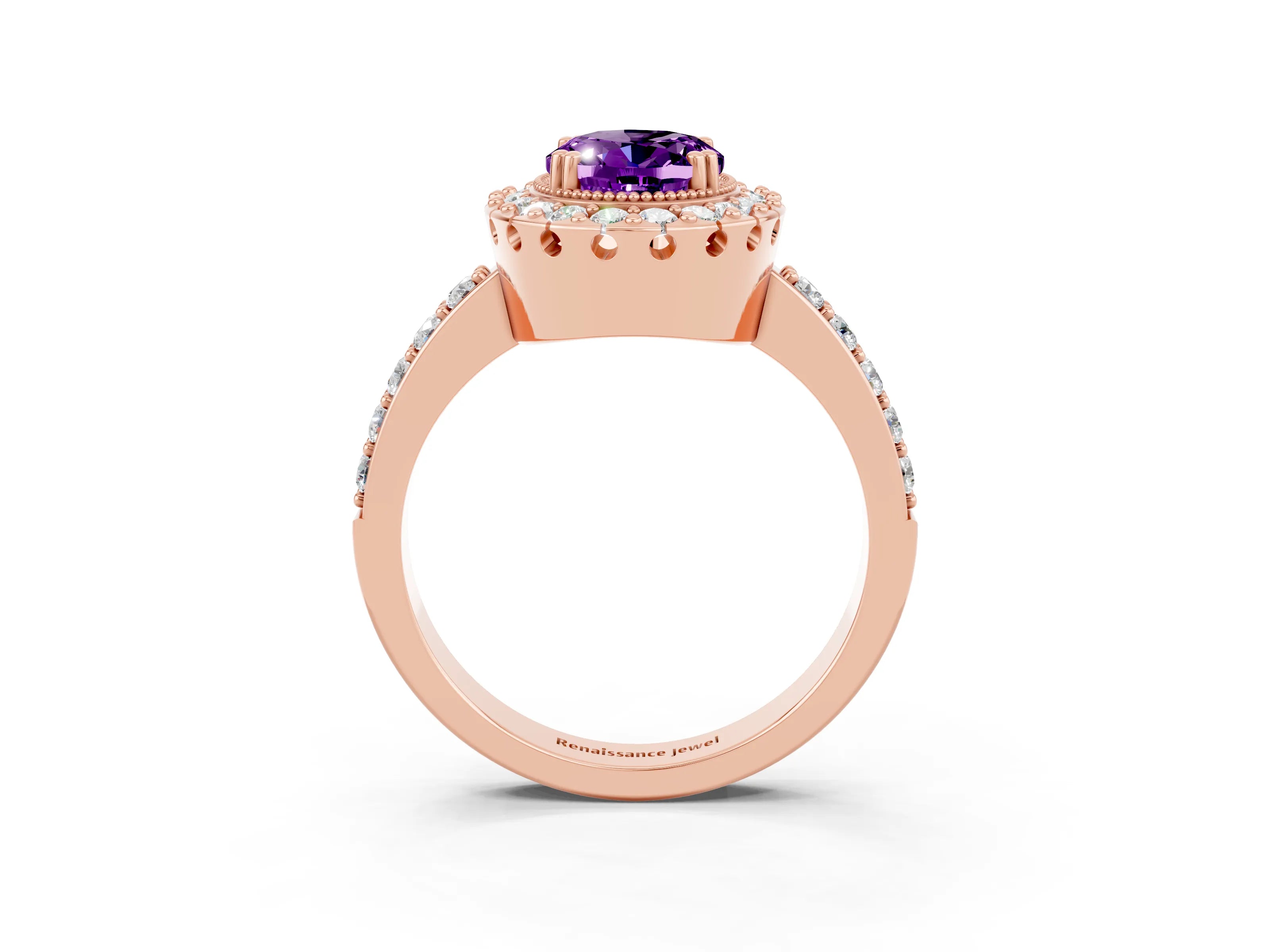 Rose gold Oval Cut Amethyst Halo Ring with Pavé Band and Prong Setting_3