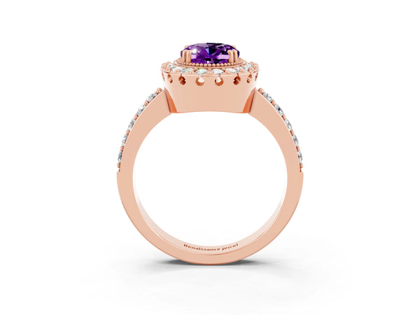 Rose gold Oval Cut Amethyst Halo Ring with Pavé Band and Prong Setting