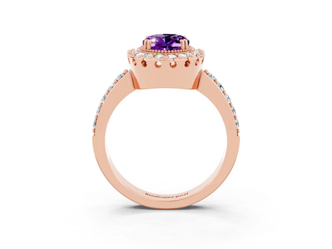 Rose gold Oval Cut Amethyst Halo Ring with Pavé Band and Prong Setting_3