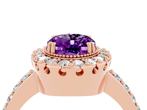Rose gold Oval Cut Amethyst Halo Ring with Pavé Band and Prong Setting_4