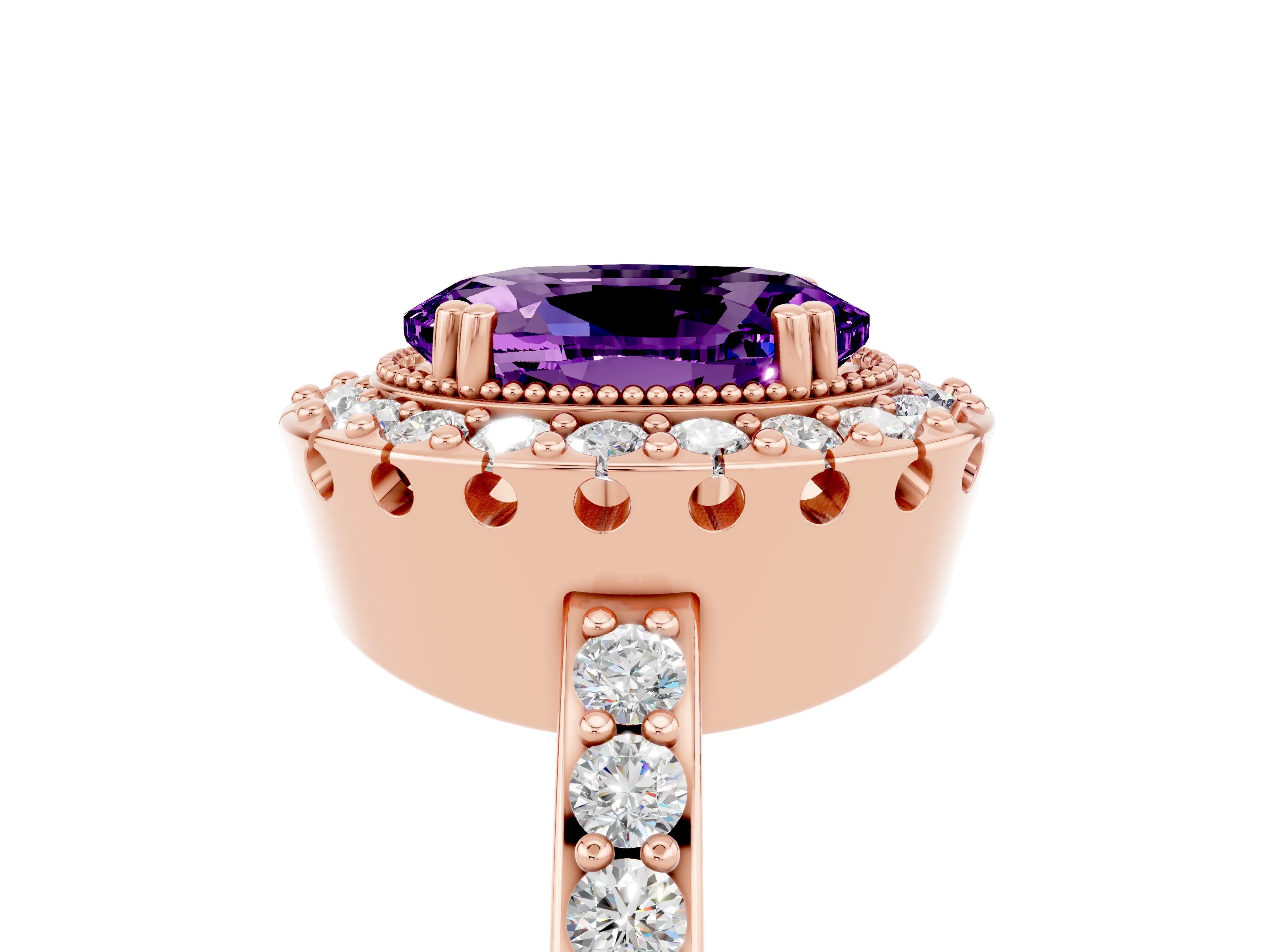 Rose gold Oval Cut Amethyst Halo Ring with Pavé Band and Prong Setting_5