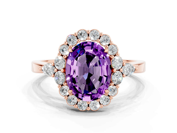 Rose gold Oval Cut Amethyst Halo Ring with Pear Side Stones and Prong Setting