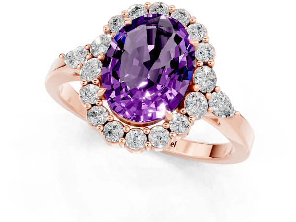 Rose gold Oval Cut Amethyst Halo Ring with Pear Side Stones and Prong Setting