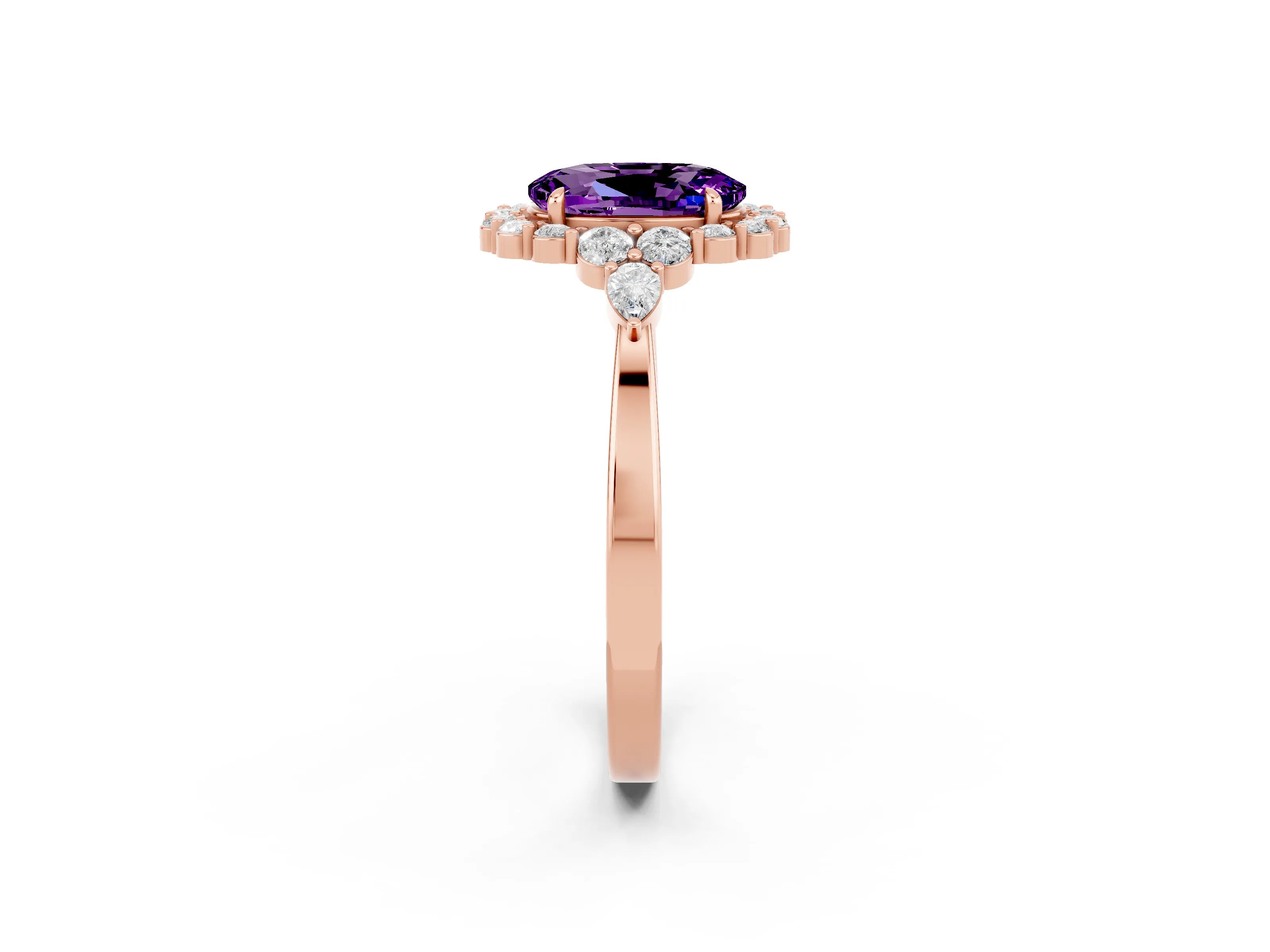 Rose gold Oval Cut Amethyst Halo Ring with Pear Side Stones and Prong Setting_14
