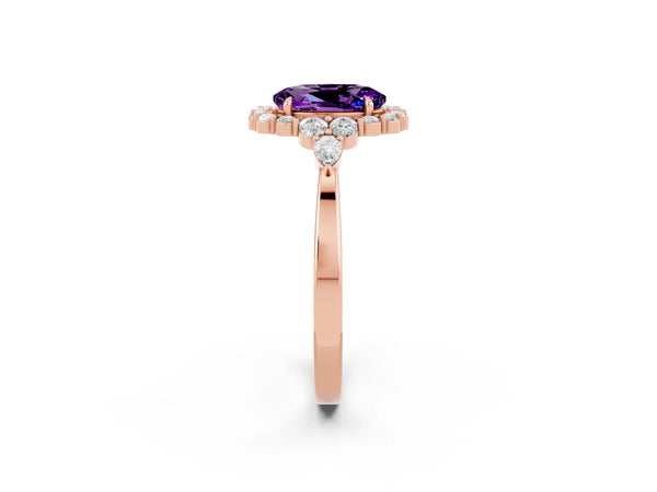 Rose gold Oval Cut Amethyst Halo Ring with Pear Side Stones and Prong Setting