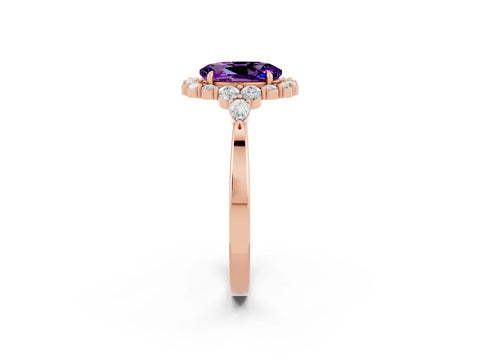 Rose gold Oval Cut Amethyst Halo Ring with Pear Side Stones and Prong Setting_14