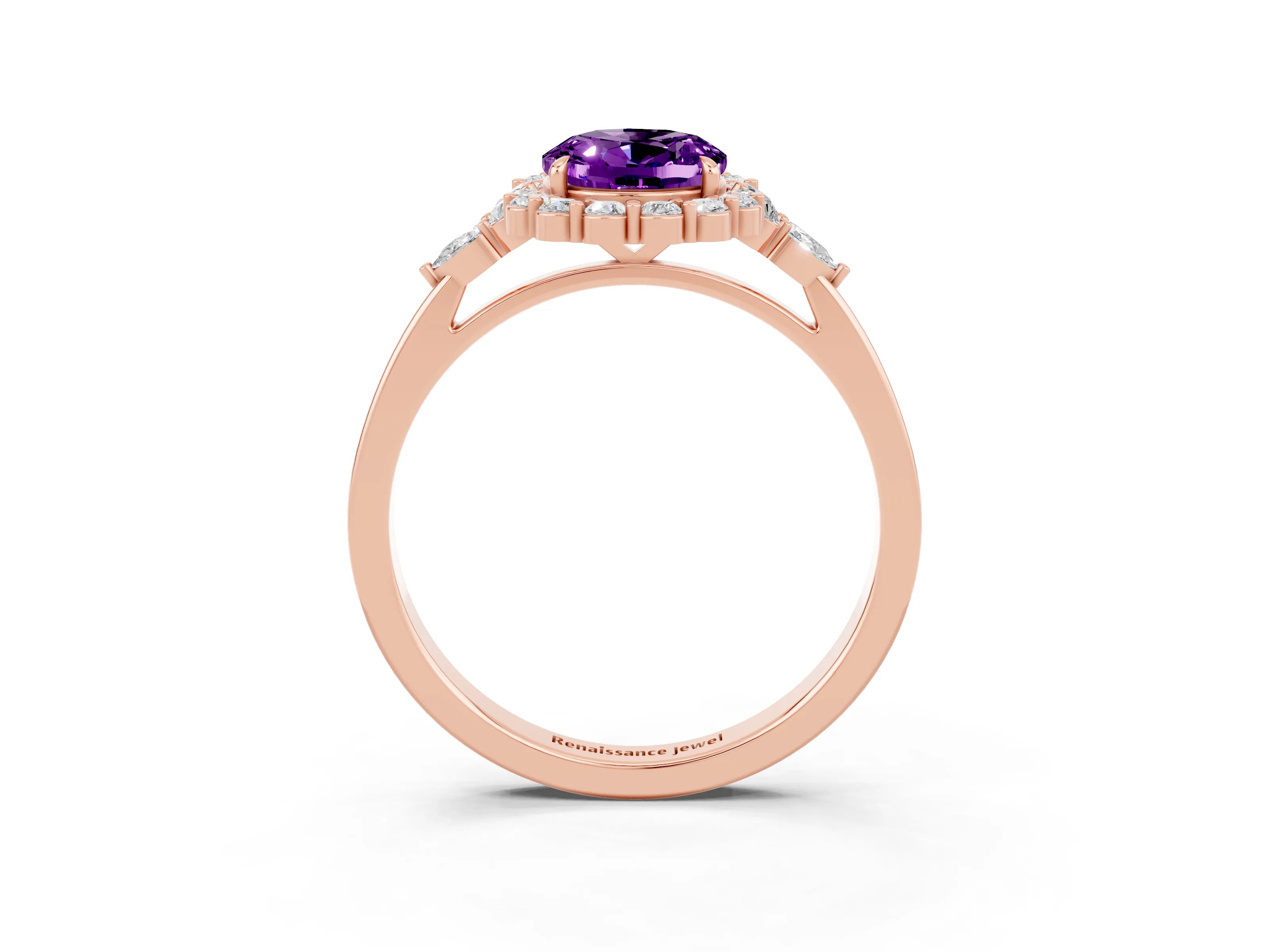 Rose gold Oval Cut Amethyst Halo Ring with Pear Side Stones and Prong Setting_15