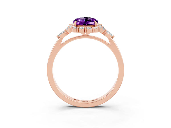 Rose gold Oval Cut Amethyst Halo Ring with Pear Side Stones and Prong Setting