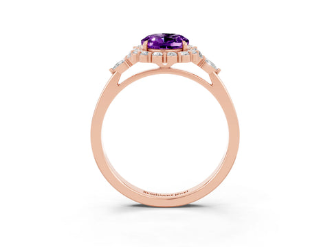 Rose gold Oval Cut Amethyst Halo Ring with Pear Side Stones and Prong Setting_15