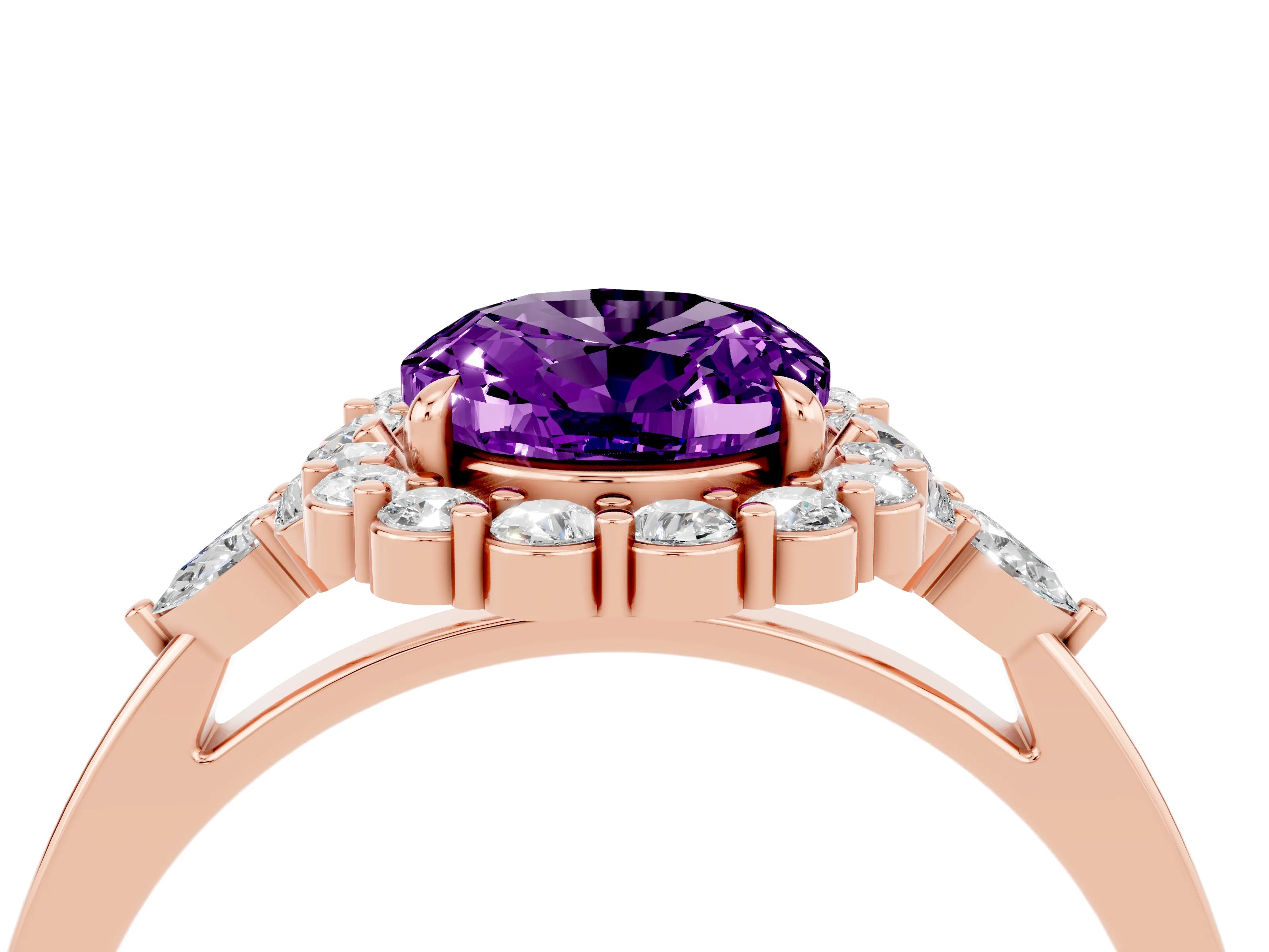 Rose gold Oval Cut Amethyst Halo Ring with Pear Side Stones and Prong Setting_16