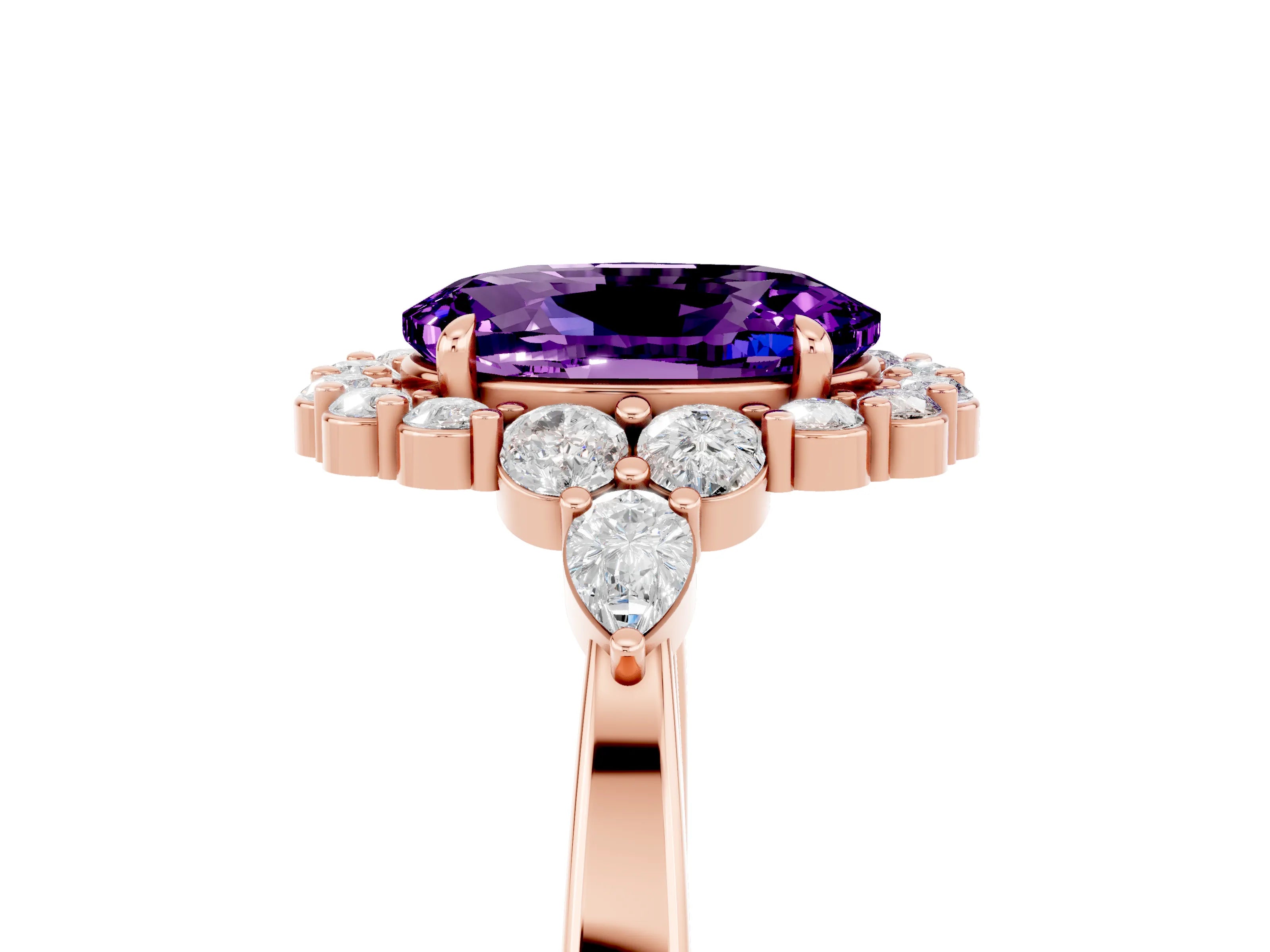 Rose gold Oval Cut Amethyst Halo Ring with Pear Side Stones and Prong Setting_17