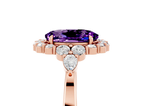 Rose gold Oval Cut Amethyst Halo Ring with Pear Side Stones and Prong Setting_17