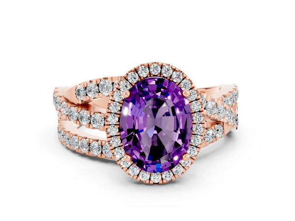 Rose gold Oval Cut Amethyst Halo Ring with Round Split Shank and Prong Setting