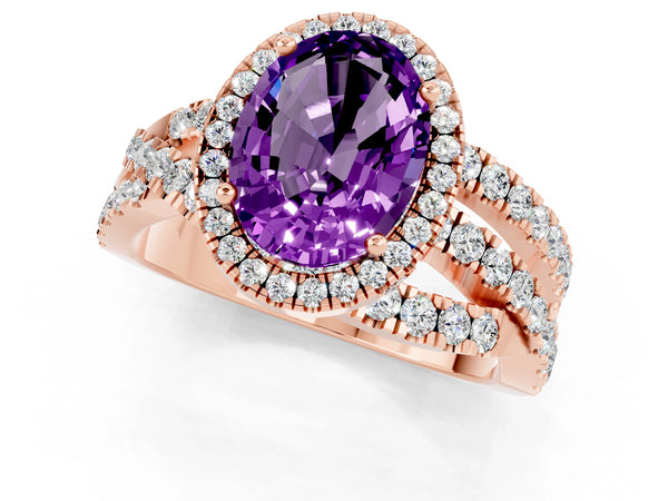 Rose gold Oval Cut Amethyst Halo Ring with Round Split Shank and Prong Setting