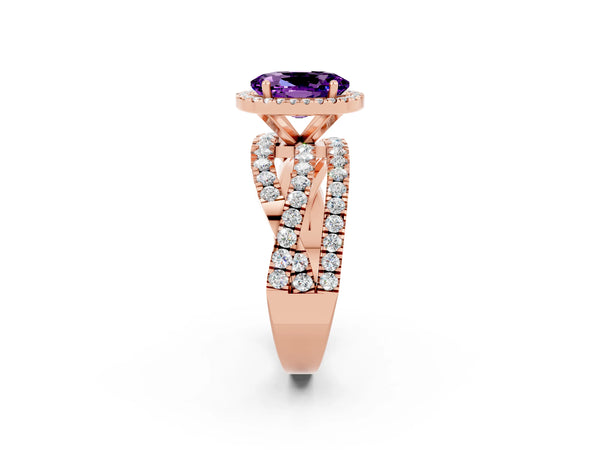 Rose gold Oval Cut Amethyst Halo Ring with Round Split Shank and Prong Setting