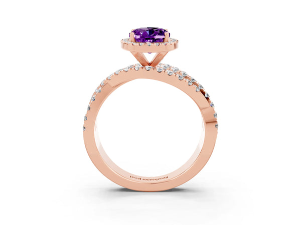 Rose gold Oval Cut Amethyst Halo Ring with Round Split Shank and Prong Setting