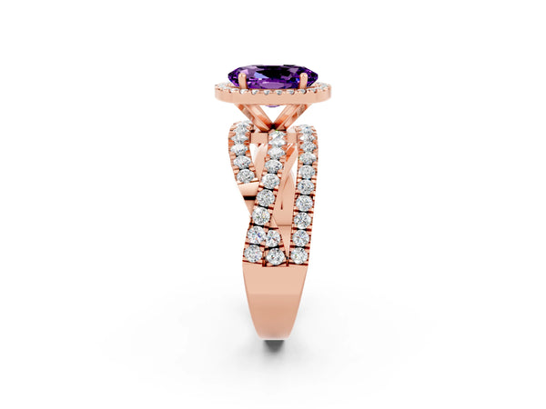 Rose Gold Oval Amethyst Halo Engagement Ring with Twisted Pave Split Shank