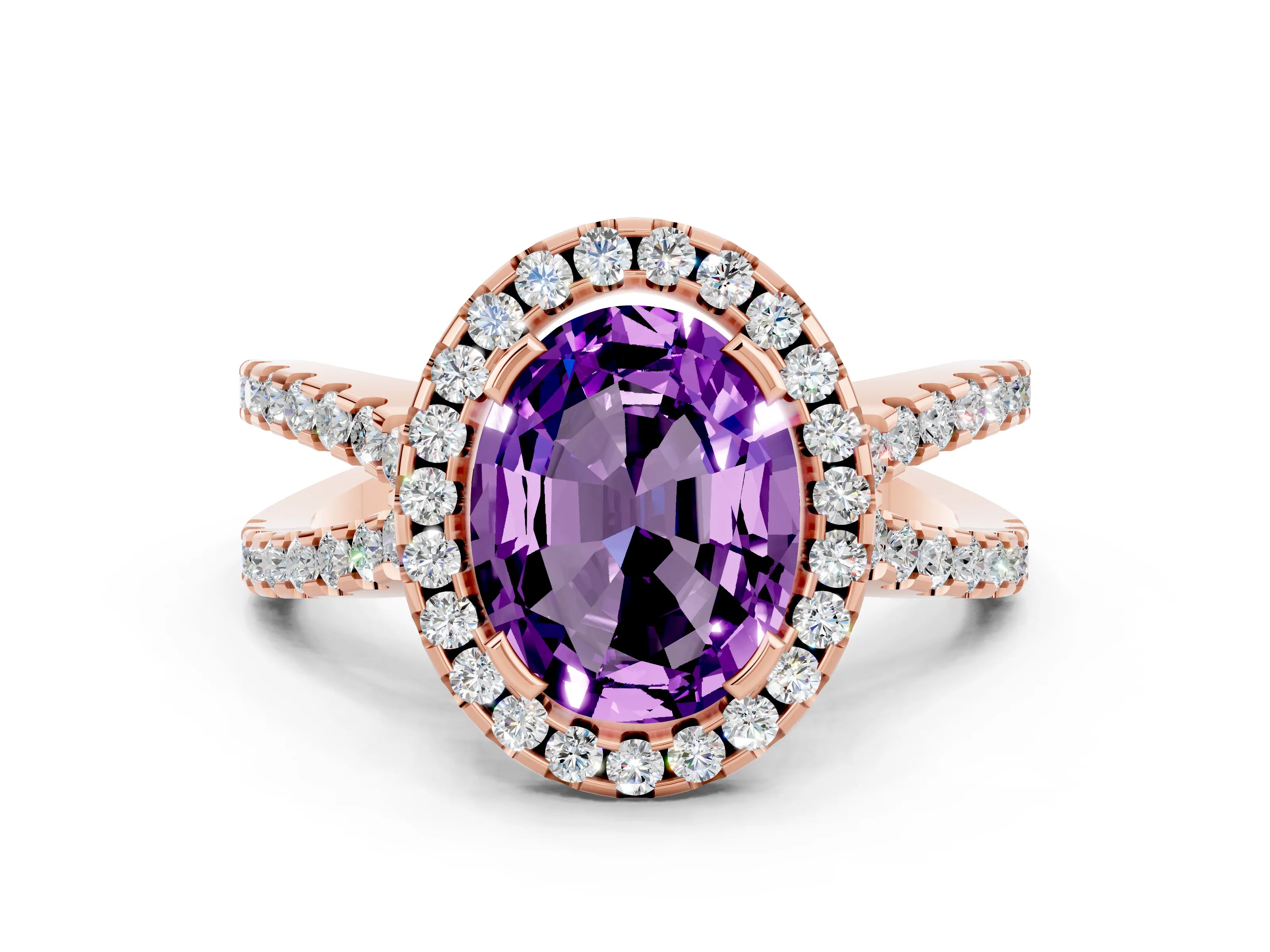 Rose gold Oval Cut Amethyst Halo Ring with Split Shank Pavé Band and Prong Setting
