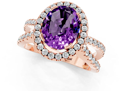 Rose gold Oval Cut Amethyst Halo Ring with Split Shank Pavé Band and Prong Setting_1