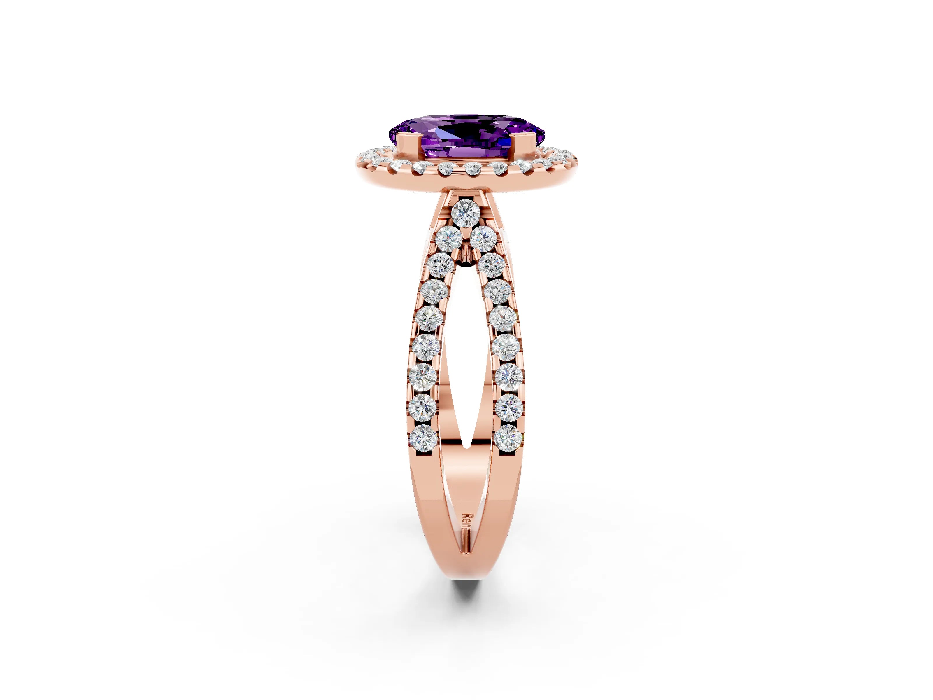 Rose gold Oval Cut Amethyst Halo Ring with Split Shank Pavé Band and Prong Setting_2
