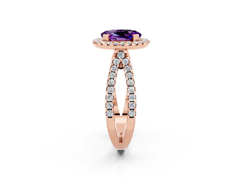 Rose gold Oval Cut Amethyst Halo Ring with Split Shank Pavé Band and Prong Setting_2
