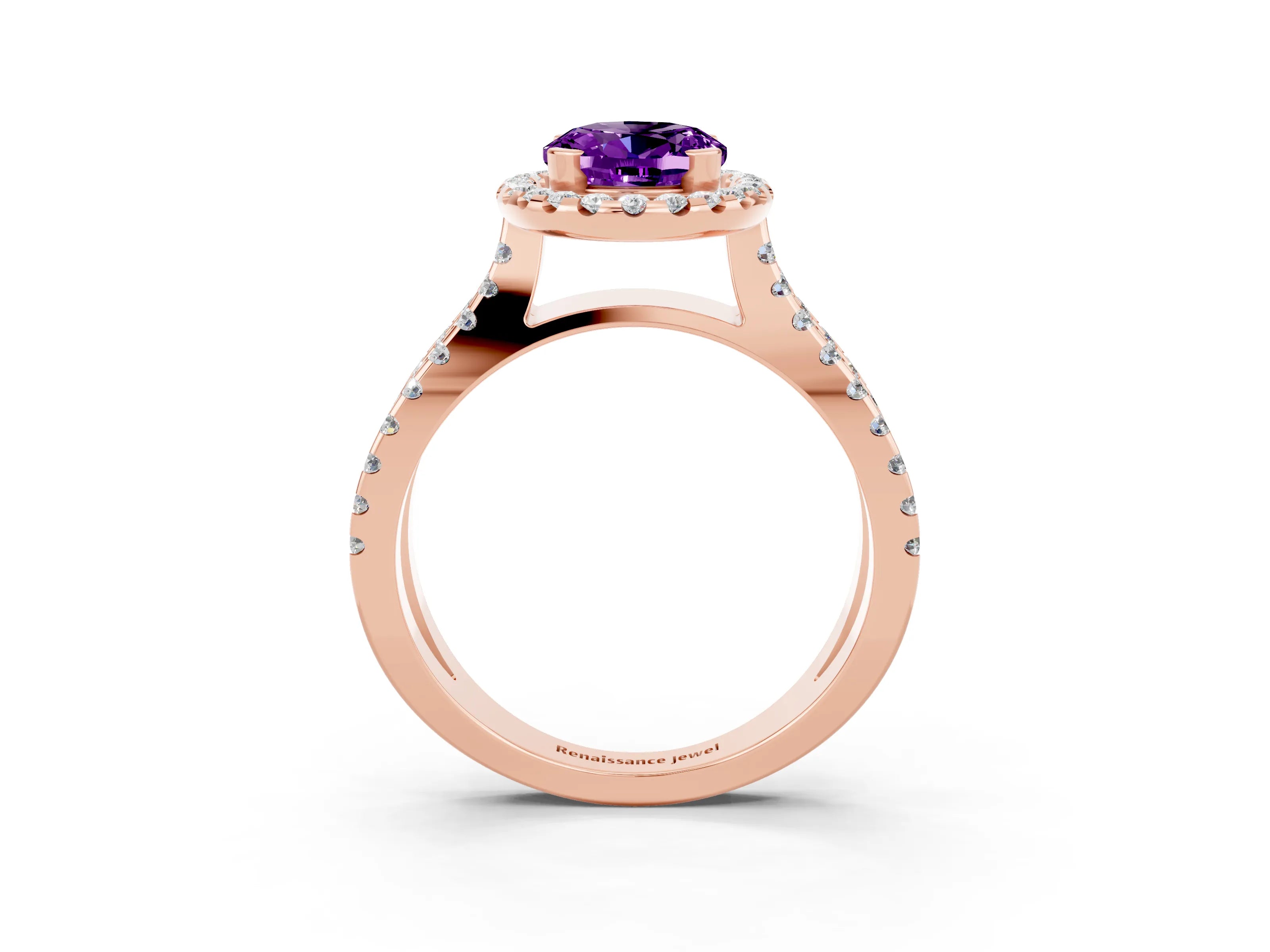Rose gold Oval Cut Amethyst Halo Ring with Split Shank Pavé Band and Prong Setting_3
