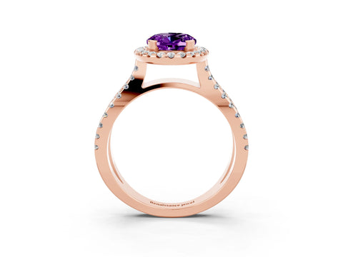 Rose gold Oval Cut Amethyst Halo Ring with Split Shank Pavé Band and Prong Setting_3