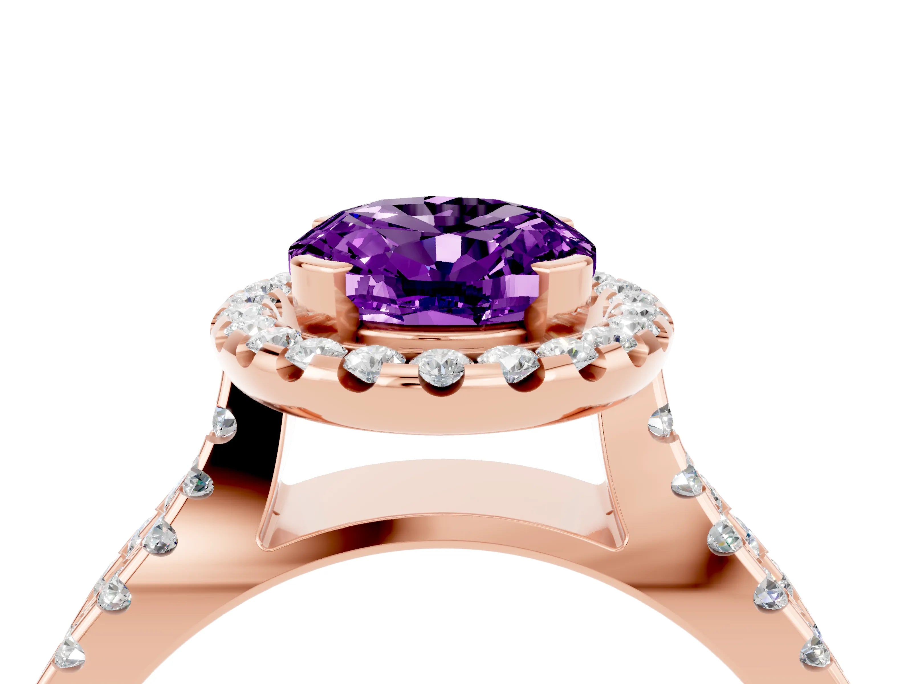 Rose gold Oval Cut Amethyst Halo Ring with Split Shank Pavé Band and Prong Setting_4