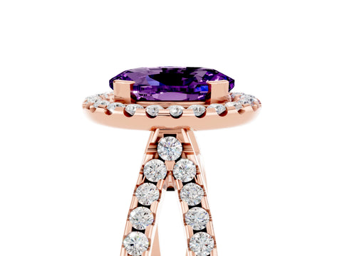 Rose gold Oval Cut Amethyst Halo Ring with Split Shank Pavé Band and Prong Setting_5
