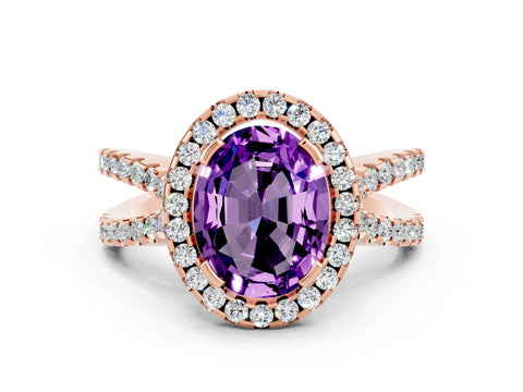 Rose gold Oval Cut Amethyst Halo Ring with Split Shank Pavé Band and Prong Setting